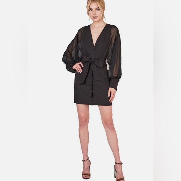 NWOT DO+BE Chiffon balloon sleeve button down v neck little black dress size S